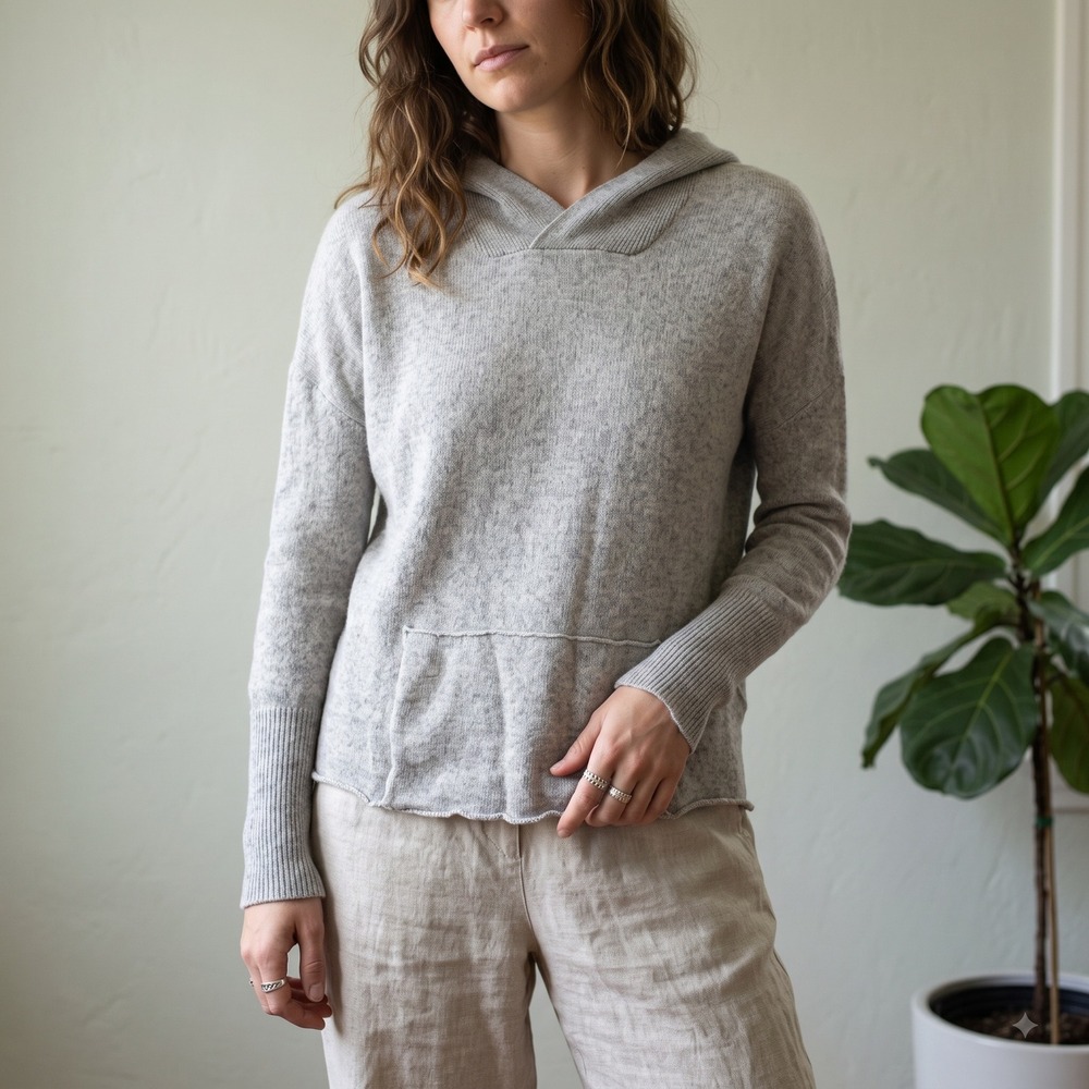 SUSS Knits Womens Sweater 2 Medium Gray 100% Cashmere Hooded Pullover Pocket